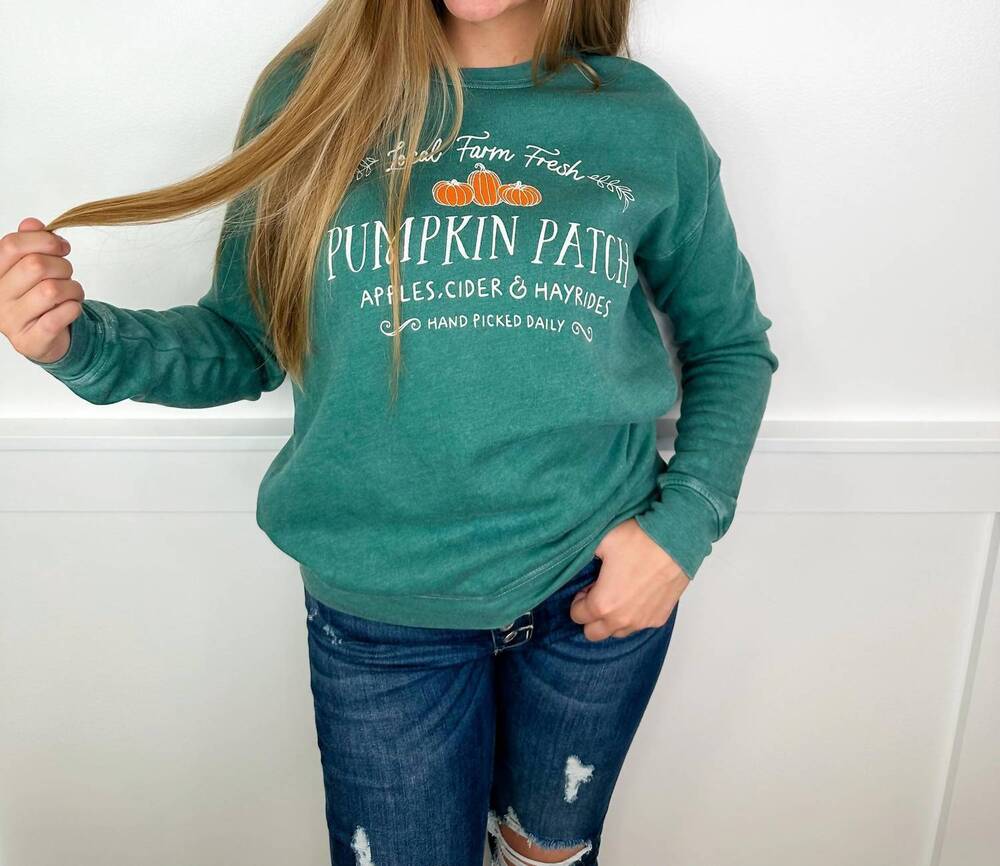 NEW OAT COLLECTIVE pumpkins long sleeve graphic crewneck sweatshirt in teal